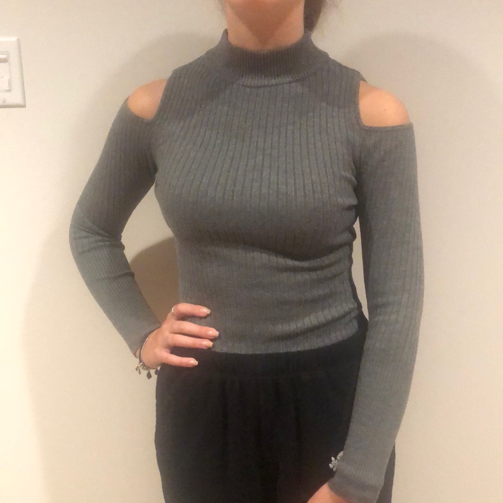 LU NYC Grey Mock Neck Sweater with Shoulder Cut Out
